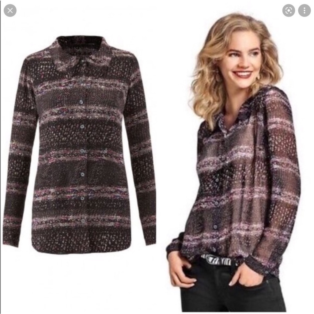 Cabi 3249 Paris Sheer Black Print Button Up Blouse Medium